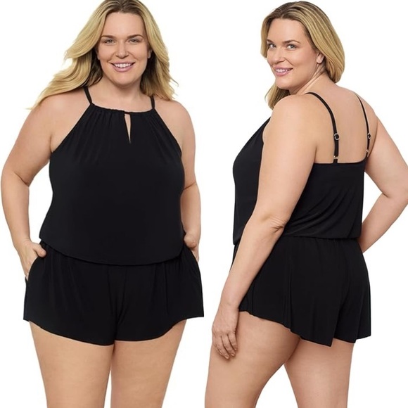 Aqua Green Women's XL Standard Keyhole Blouson Romper Black 676127R - Picture 1 of 7